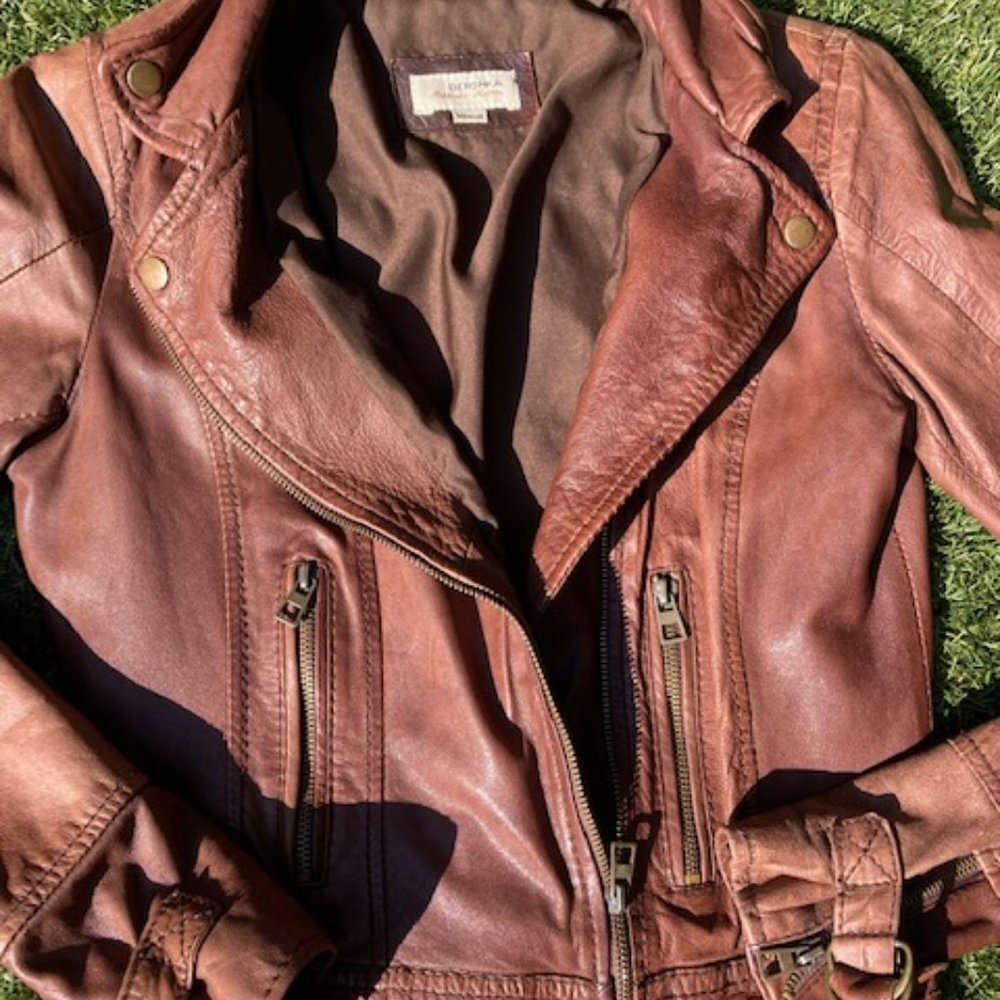 Bershka Genuine Leather Moto Jacket Brown sz M